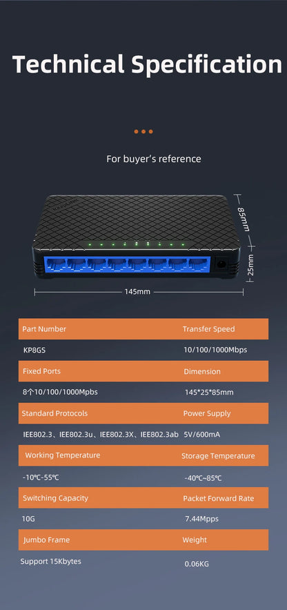 Switch Ethernet de Rede KeepLiNK – 8 Portas